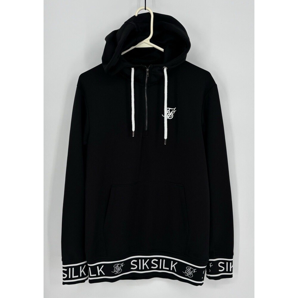 SikSilk Black Pullover Hoodie Half Zip Logo Hem Tape Men’s Size S Polyester